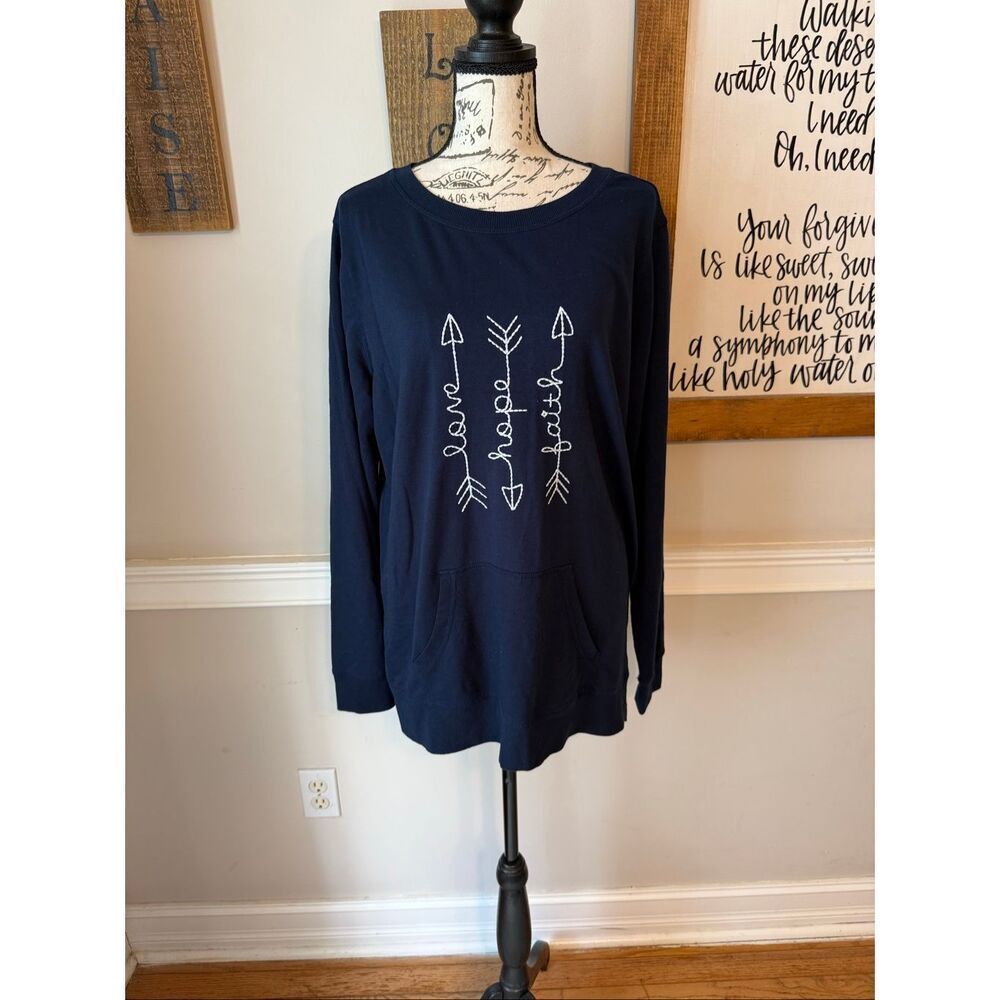 C. Wonder Women's Love Hope Faith Long Sleeve Tunic Top Navy Blue Size Large